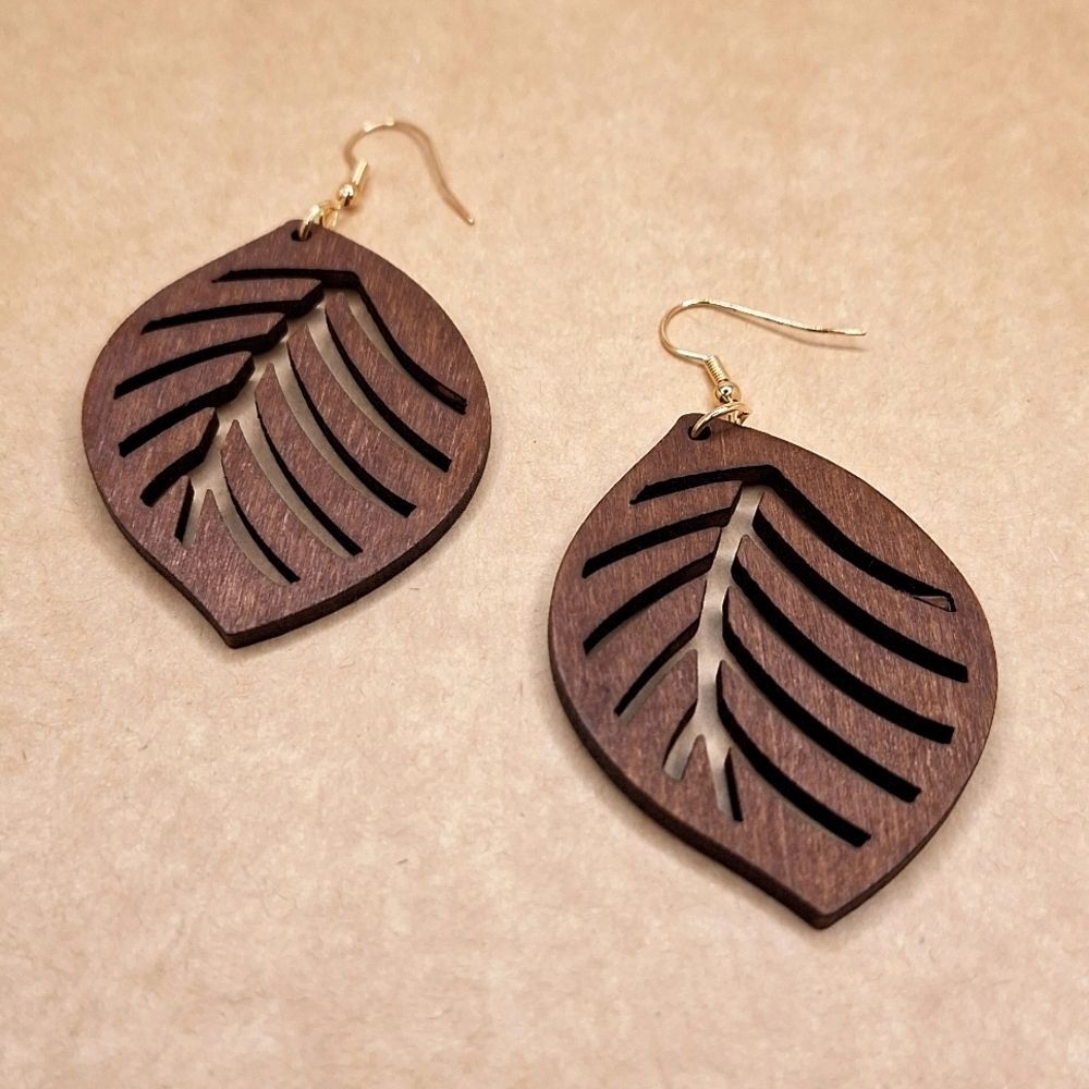 Brown wood leaf earrings hollowed lightweight Bohemian jewelry